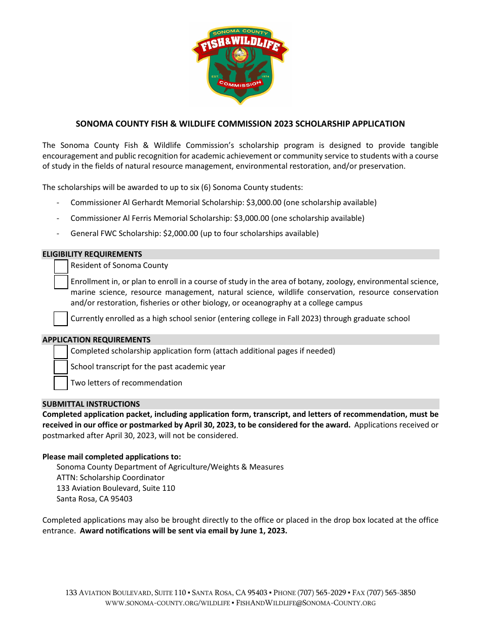 Fish  Wildlife Commission Scholarship Application - Sonoma County, California, Page 1