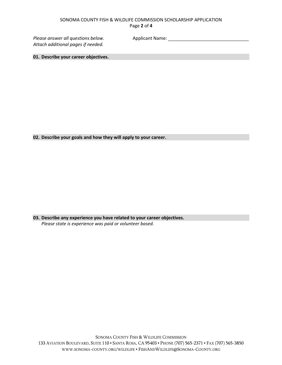 Fish  Wildlife Commission Scholarship Application - Sonoma County, California, Page 3