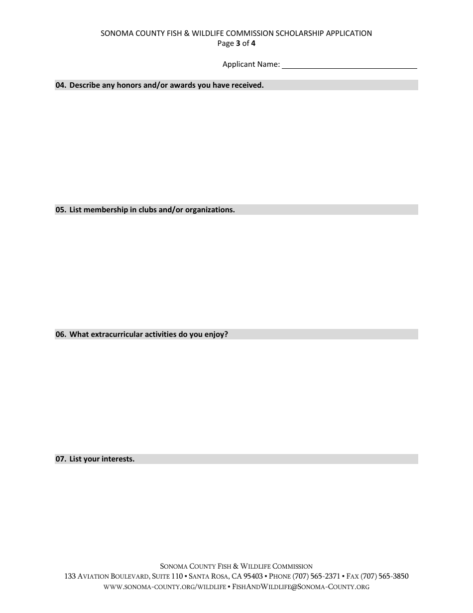 Fish  Wildlife Commission Scholarship Application - Sonoma County, California, Page 4