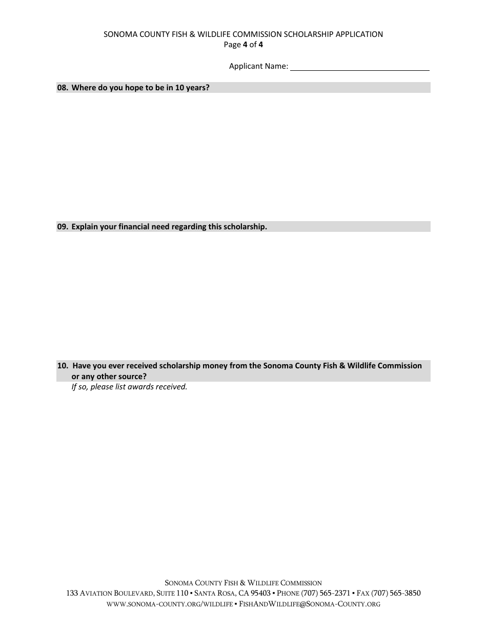 Fish  Wildlife Commission Scholarship Application - Sonoma County, California, Page 5