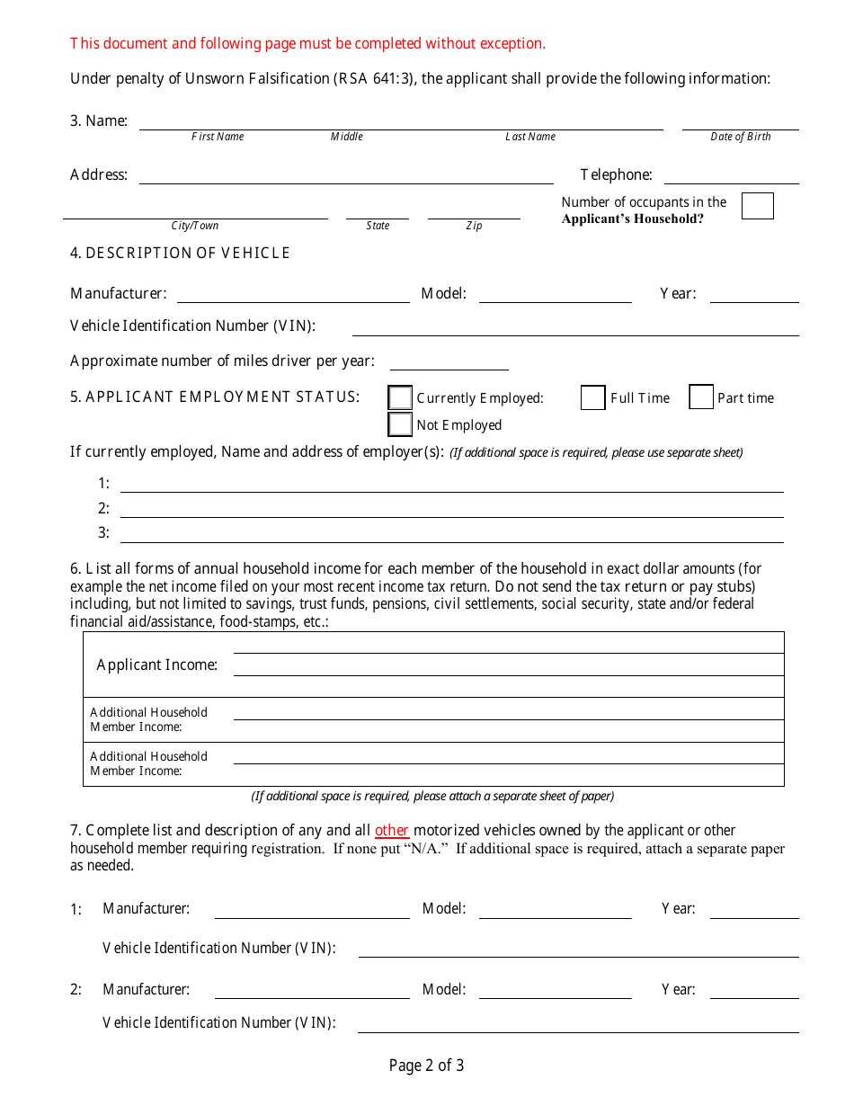 Form RDMV381 Application for Obd Economic Hardship Waiver - New Hampshire, Page 2