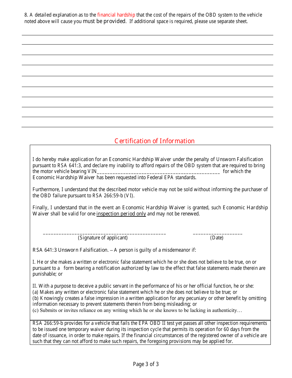 Form RDMV381 Application for Obd Economic Hardship Waiver - New Hampshire, Page 3