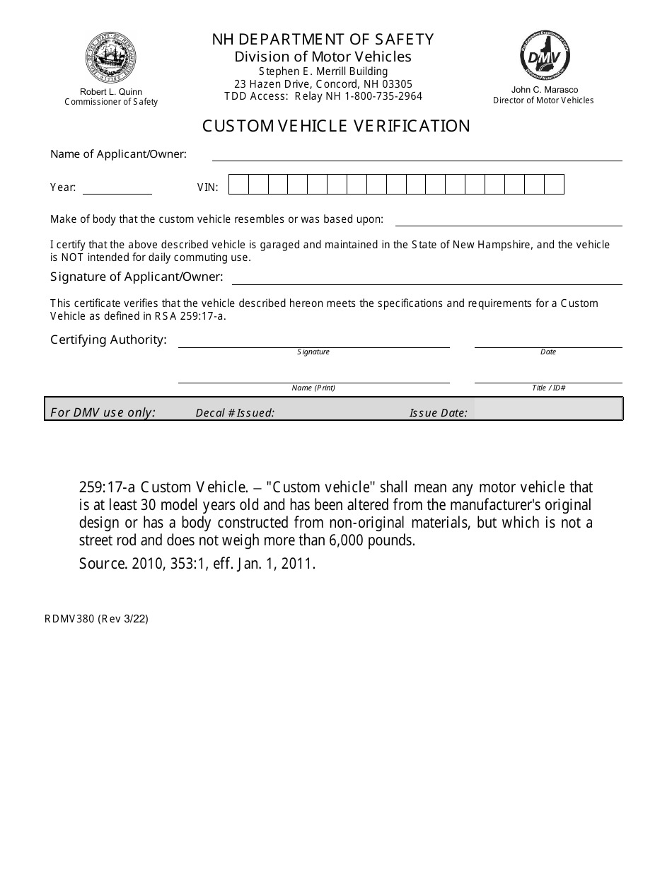 Form RDMV380 Custom Vehicle Verification - New Hampshire, Page 1