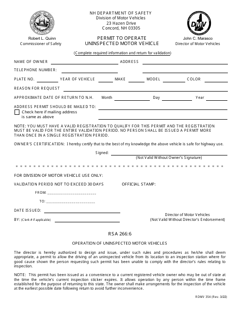 Form RDMV354 Permit to Operate an Uninspected Motor Vehicle - New Hampshire