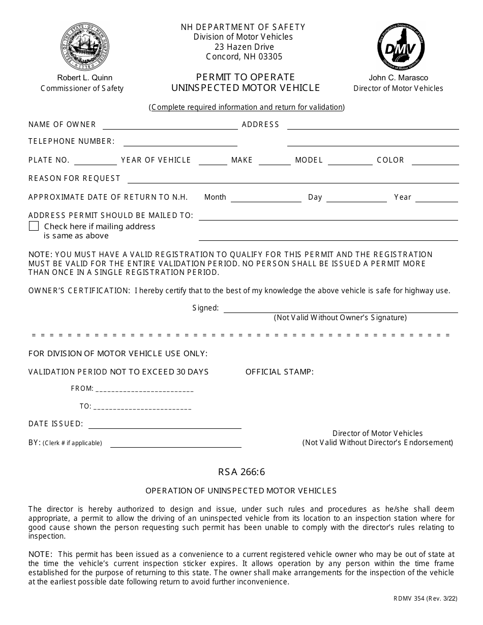 Form RDMV354 Permit to Operate an Uninspected Motor Vehicle - New Hampshire, Page 1