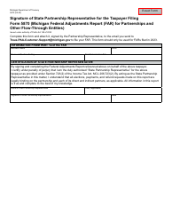 Document preview: Form 5873 Signature of State Partnership Representative for the Taxpayer Filing Form 5870 (Michigan Federal Adjustments Report (Far) for Partnerships and Other Flow-Through Entities) - Michigan