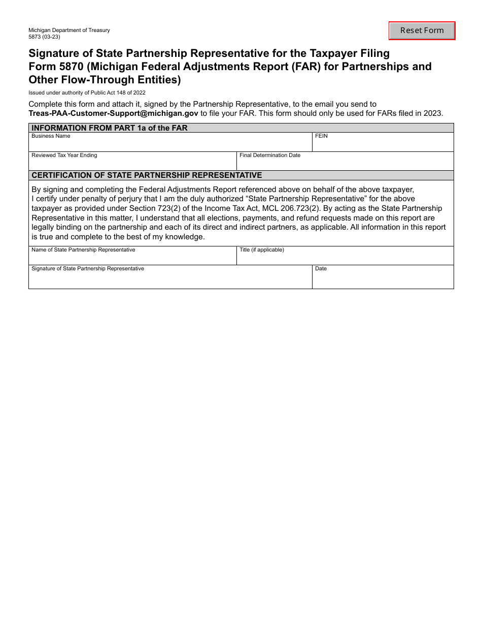 Form 5873 Signature of State Partnership Representative for the Taxpayer Filing Form 5870 (Michigan Federal Adjustments Report (Far) for Partnerships and Other Flow-Through Entities) - Michigan, Page 1