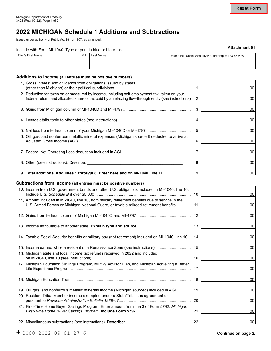 Form 3423 Schedule 1 Additions and Subtractions - Michigan, Page 1