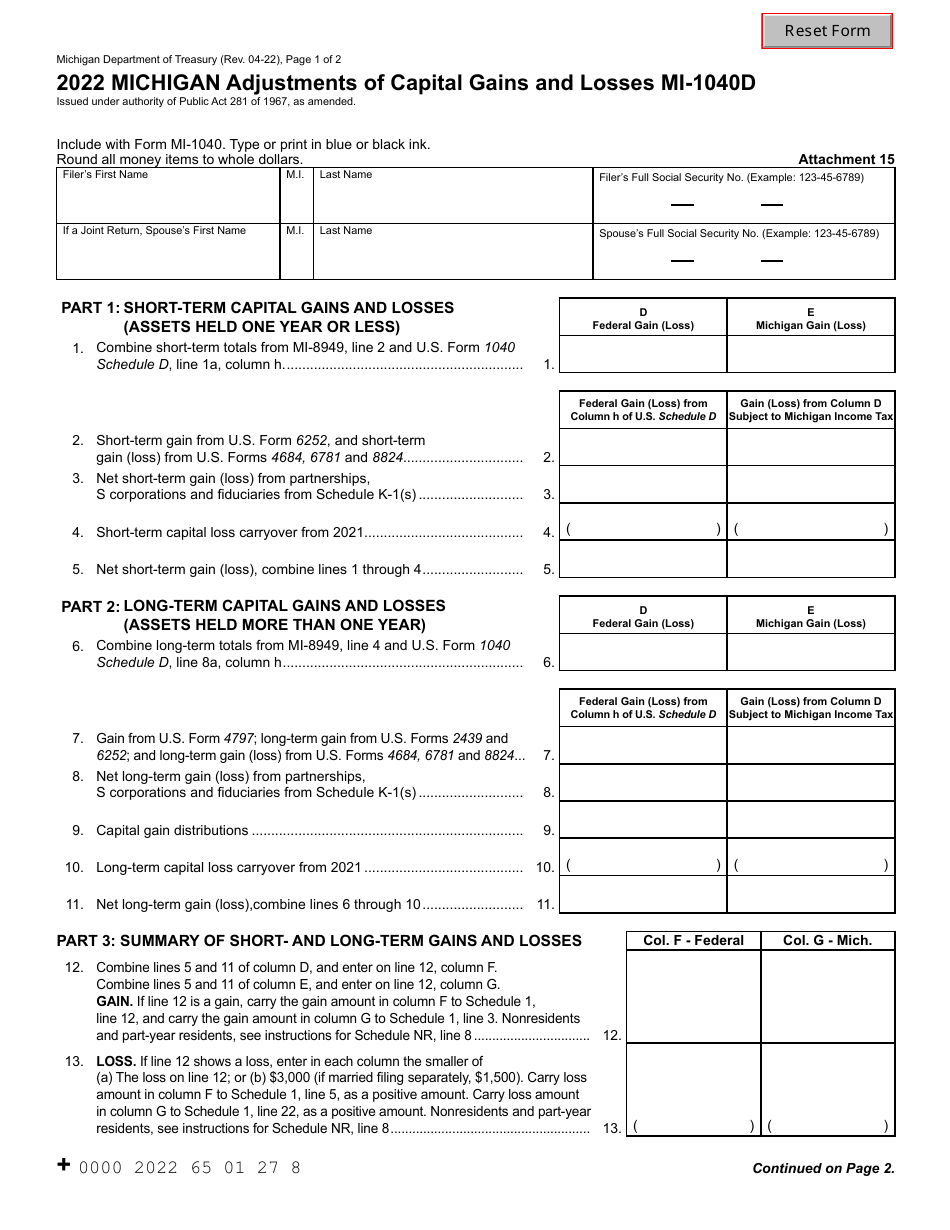 Form MI1040D Download Fillable PDF or Fill Online Adjustments of