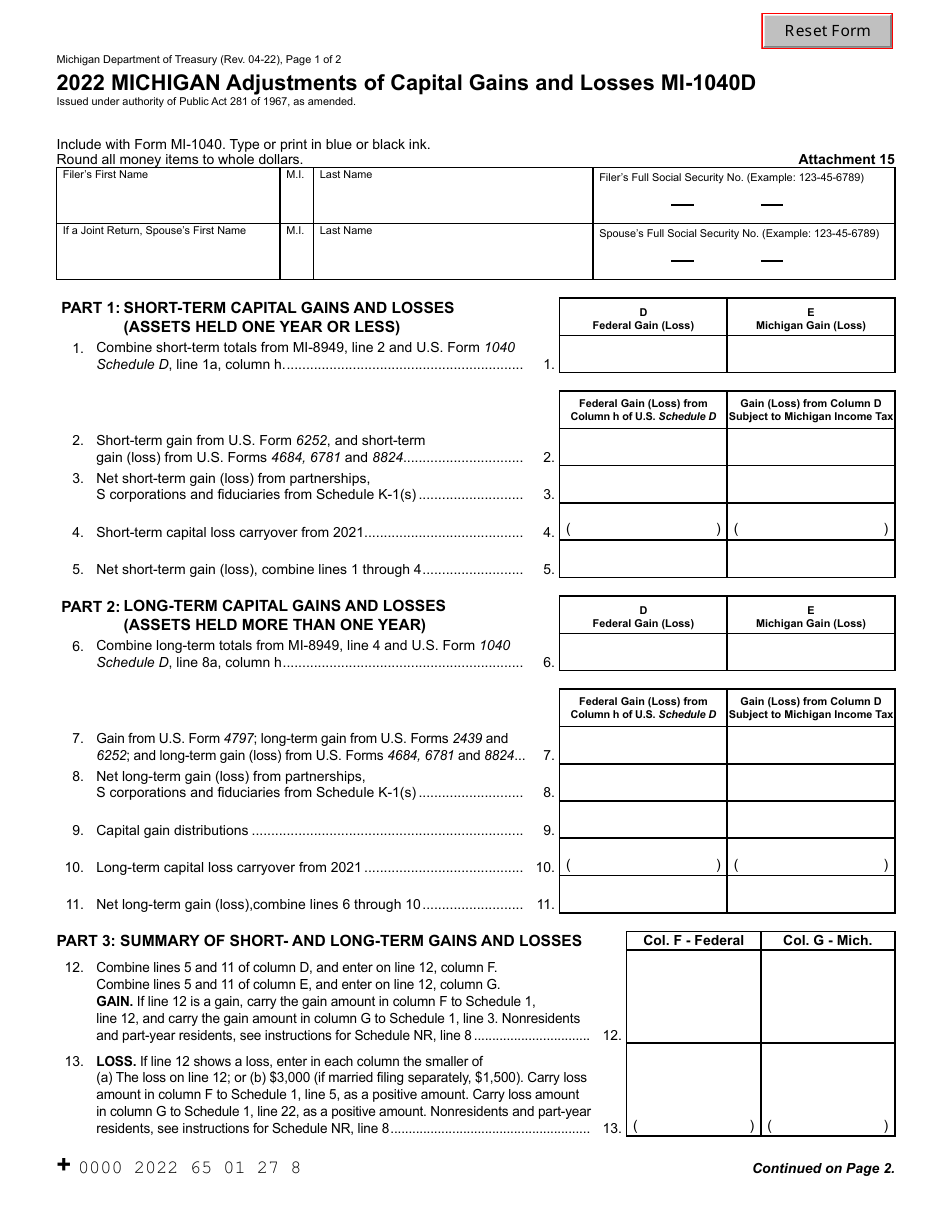 Form MI-1040D Adjustments of Capital Gains and Losses - Michigan, Page 1
