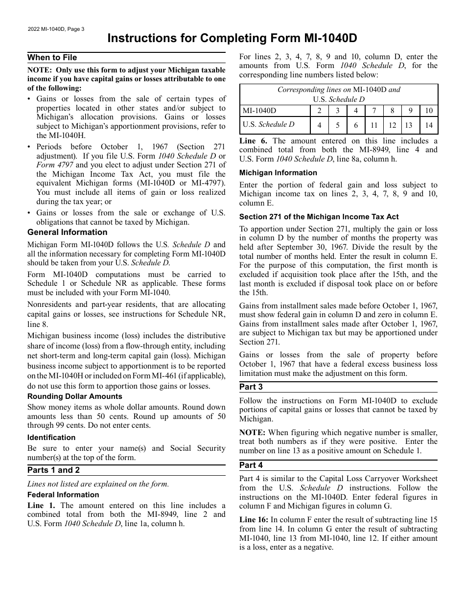 Form MI-1040D Adjustments of Capital Gains and Losses - Michigan, Page 3