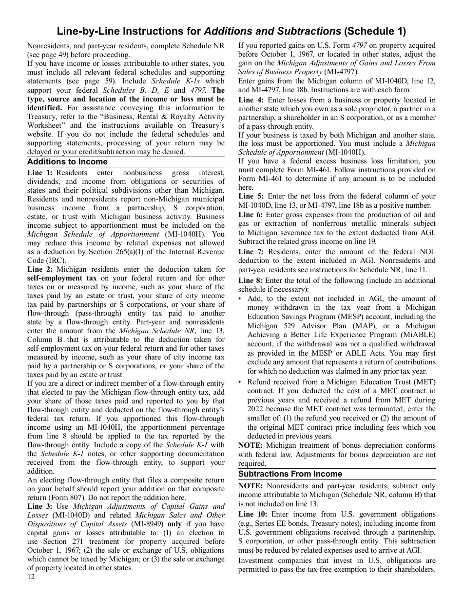 Instructions for Form 3423 Schedule 1 Additions and Subtractions - Michigan, Page 1