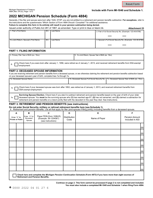 Form 4884 Pension Schedule - Michigan, 2022