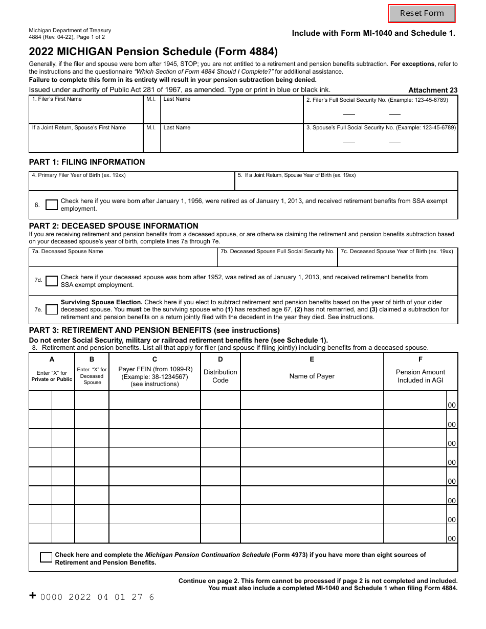 Form 4884 Pension Schedule - Michigan, Page 1