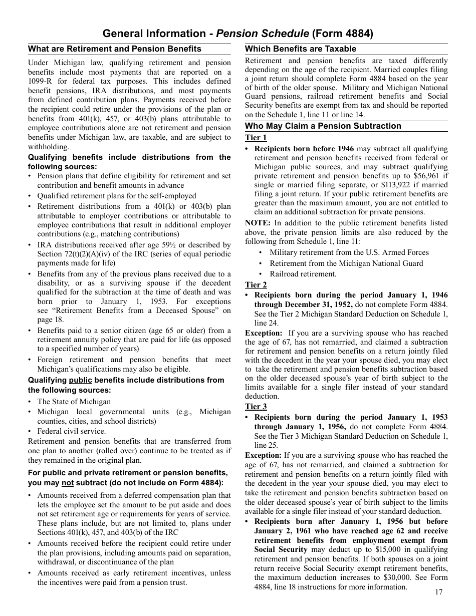 Instructions for Form 4884 Pension Schedule - Michigan, Page 1