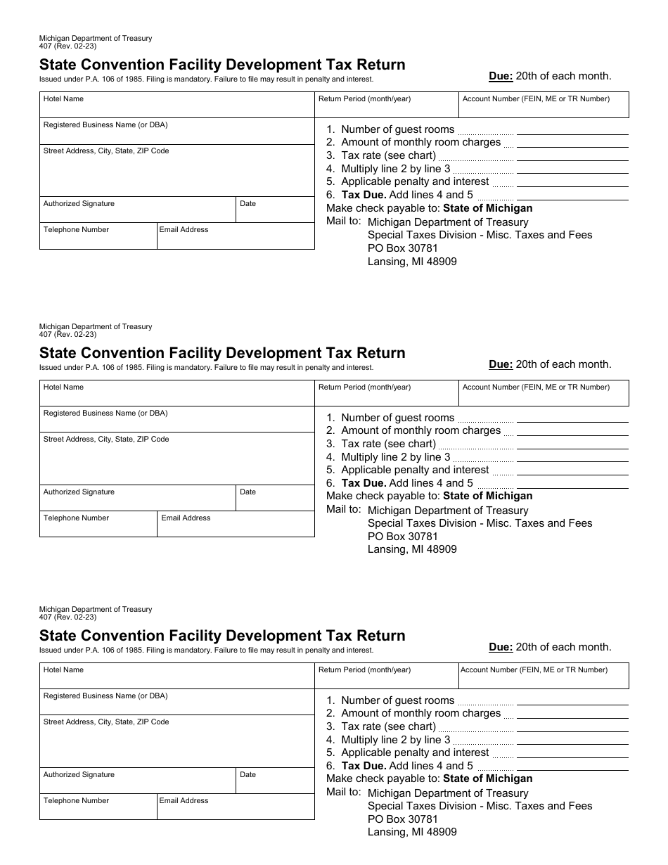 Form 407 State Convention Facility Development Tax Return - Michigan, Page 1