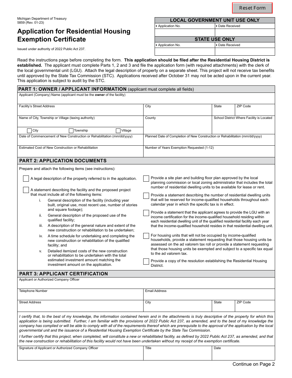 Form 5859 Application for Residential Housing Exemption Certificate - Michigan, Page 1