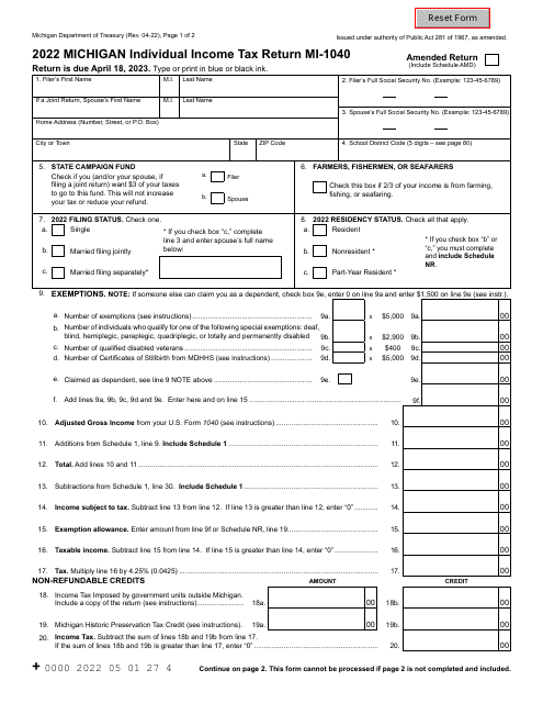 Form MI-1040 Michigan Individual Income Tax Return - Michigan, 2022