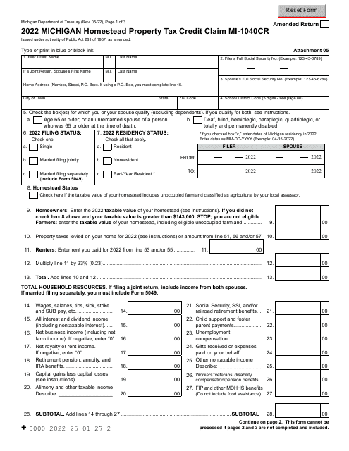 Form MI-1040CR Michigan Homestead Property Tax Credit Claim - Michigan, 2022