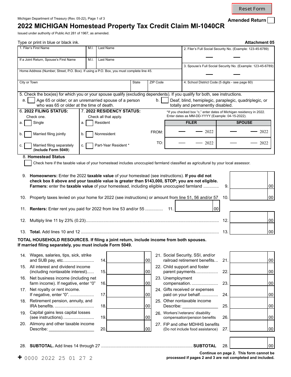 Form Mi 1040cr Michigan Homestead Property Tax Credit Claim Michigan Print Big 