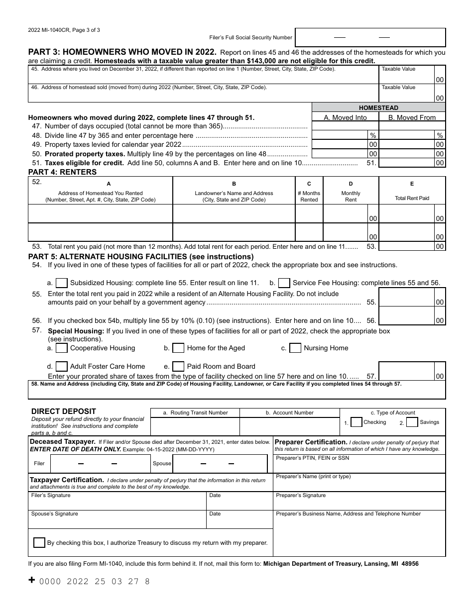 Form MI1040CR Download Fillable PDF or Fill Online Michigan Homestead