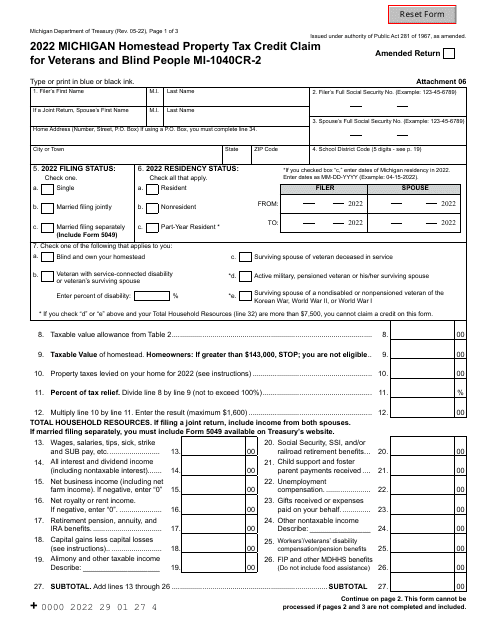 Form MI-1040CR-2 Michigan Homestead Property Tax Credit Claim for Veterans and Blind People - Michigan, 2022