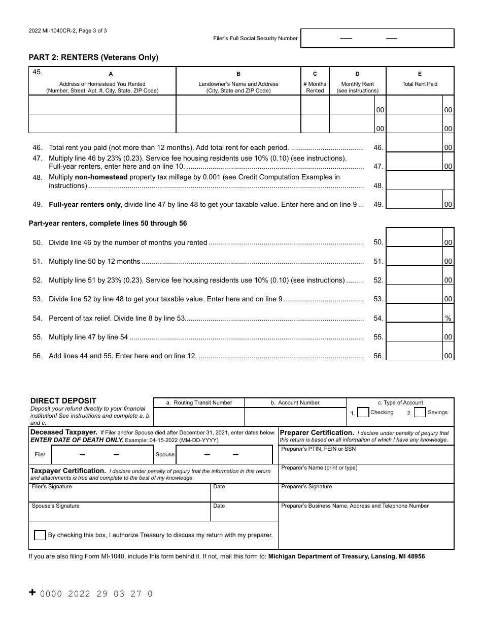 Form MI-1040CR-2 Download Fillable PDF or Fill Online Michigan ...