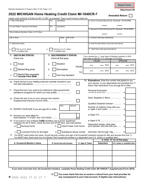 Form MI-1040CR-7 2022 Printable Pdf