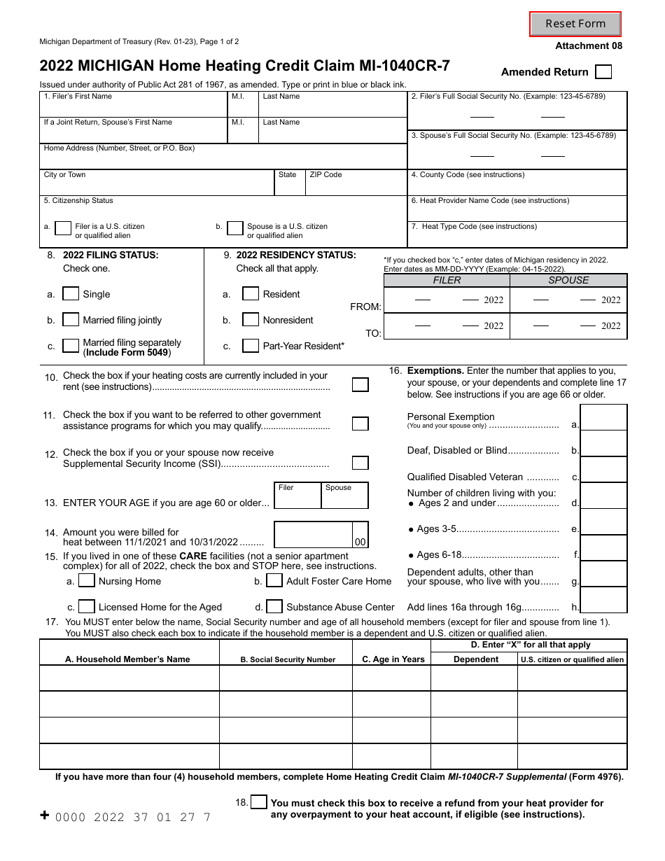 Form MI-1040CR-7 Michigan Home Heating Credit Claim - Michigan, Page 1