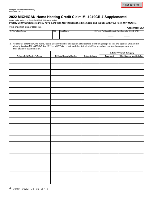 Form MI-1040CR-7 SUPPLEMENTAL (4976) Michigan Home Heating Credit Claim - Michigan, 2022