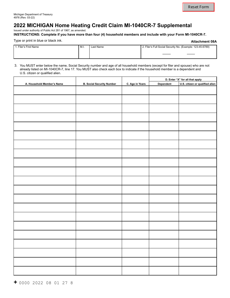 Form MI-1040CR-7 SUPPLEMENTAL (4976) Michigan Home Heating Credit Claim - Michigan, Page 1