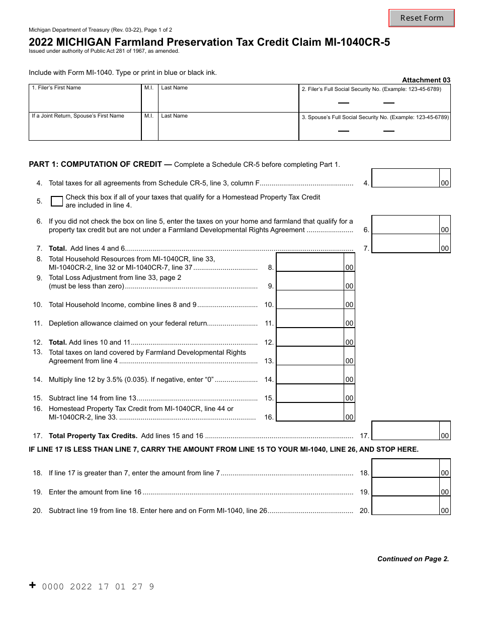 Form MI-1040CR-5 Michigan Farmland Preservation Tax Credit Claim - Michigan, Page 1