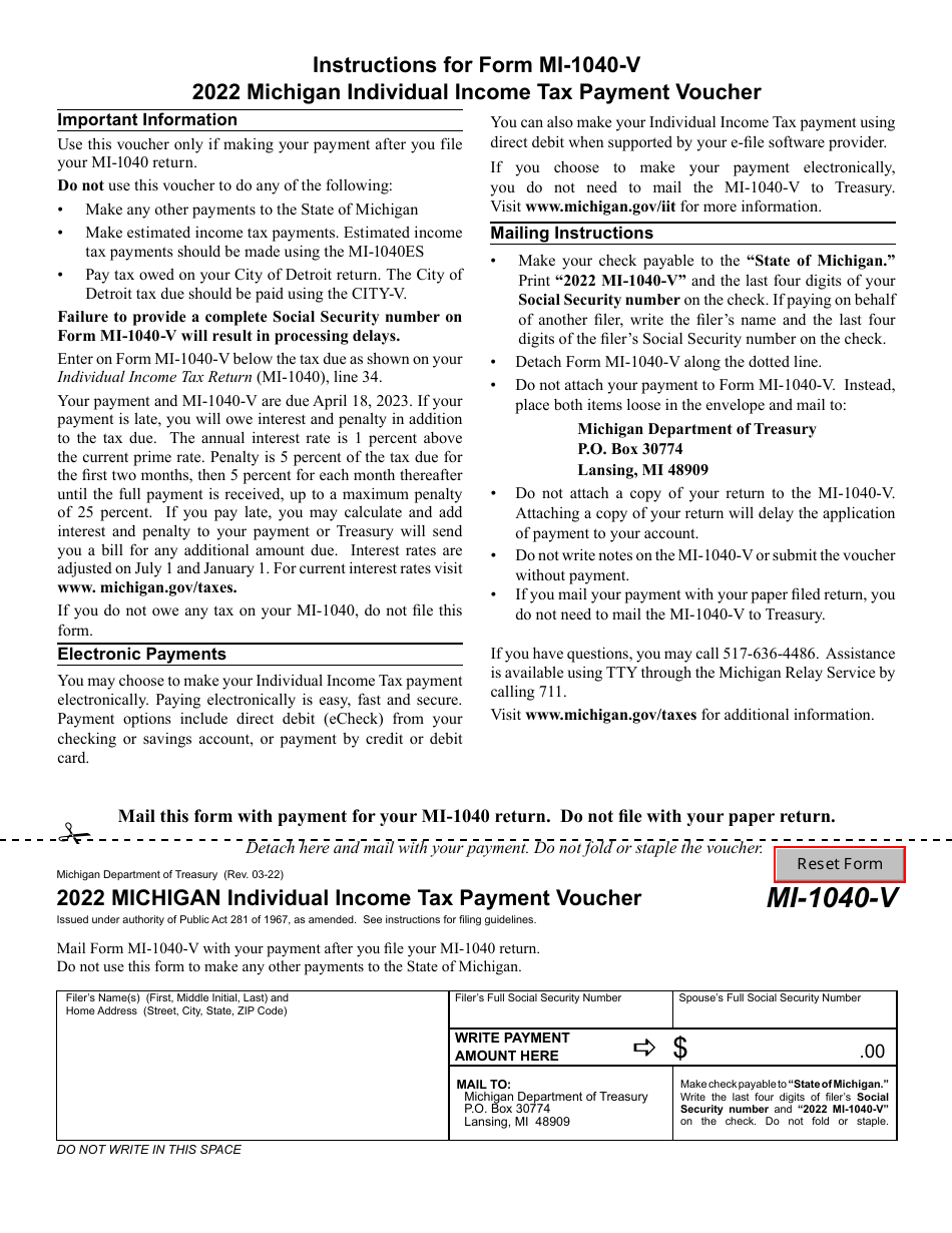 Form MI-1040-V Michigan Individual Income Tax Payment Voucher - Michigan, Page 1