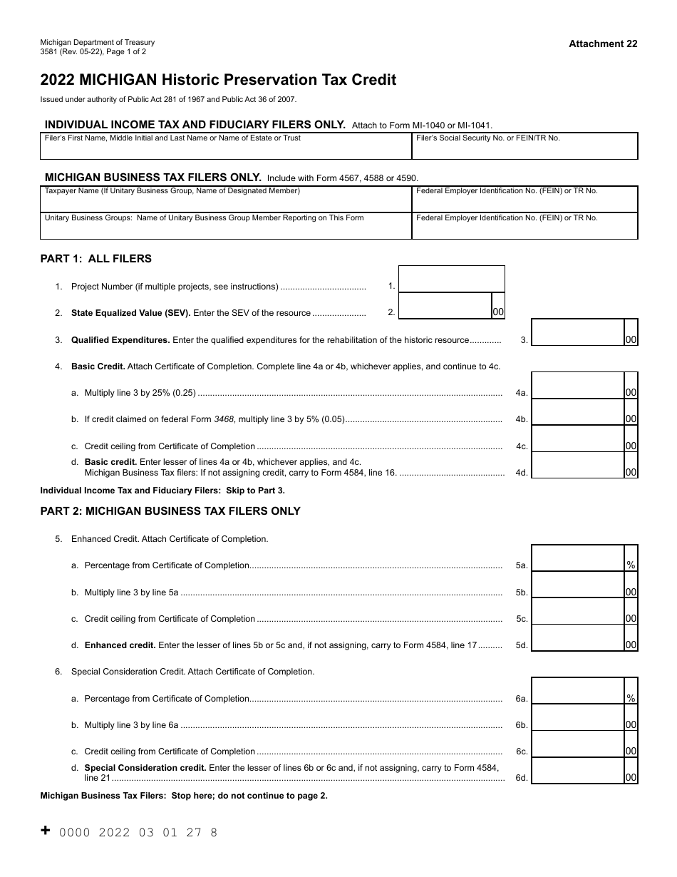 Form 3581 Michigan Historic Preservation Tax Credit - Michigan, Page 1