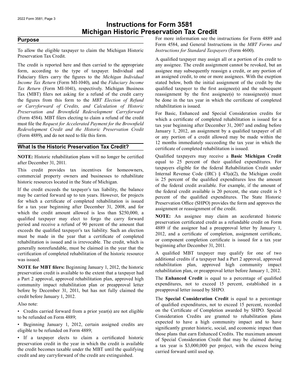 Form 3581 Michigan Historic Preservation Tax Credit - Michigan, Page 3