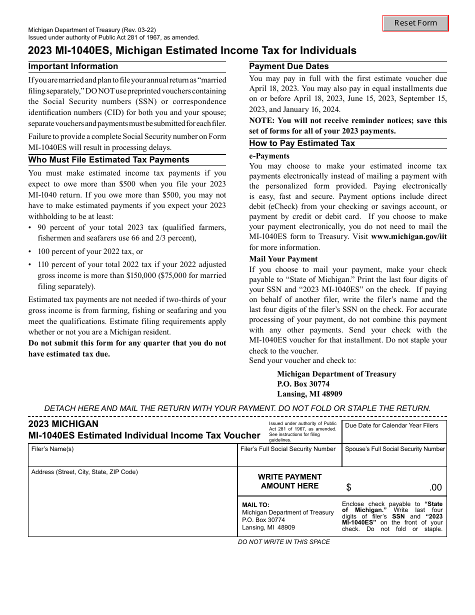 Form MI-1040ES Estimated Individual Income Tax Voucher - Michigan, Page 1