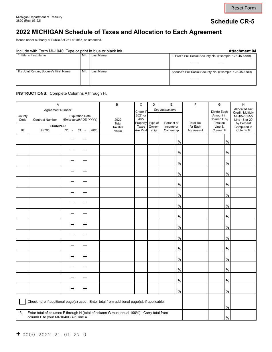 Form 3820 Schedule CR-5 Schedule of Taxes and Allocation to Each Agreement - Michigan, Page 1
