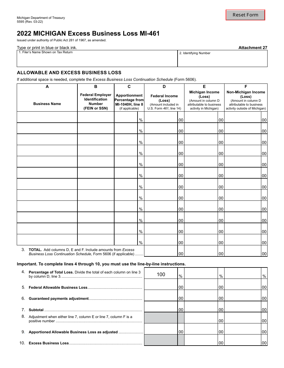 Form MI-461 (5595) Excess Business Loss - Michigan, Page 1