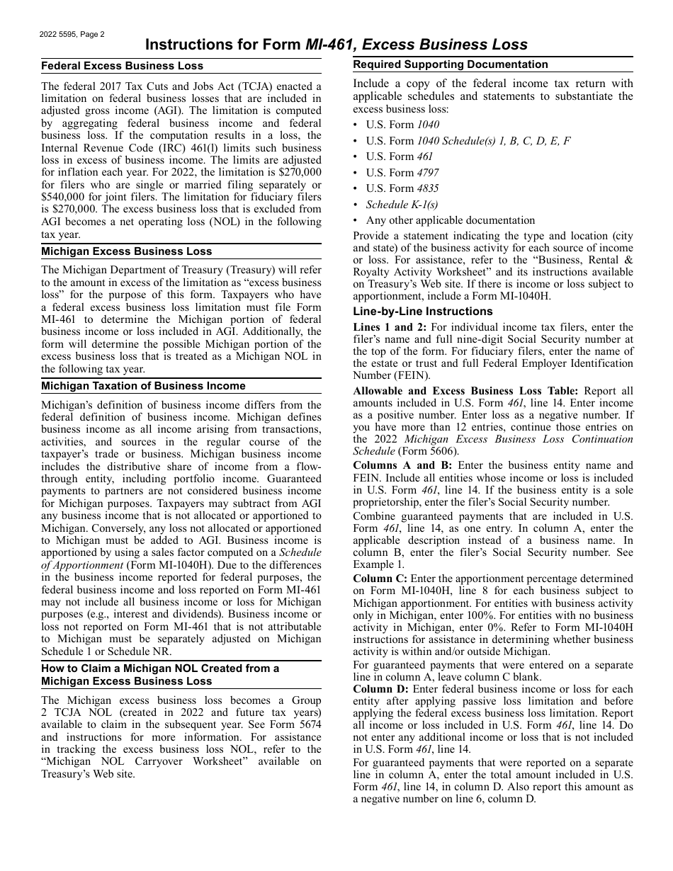 Form MI-461 (5595) Excess Business Loss - Michigan, Page 2