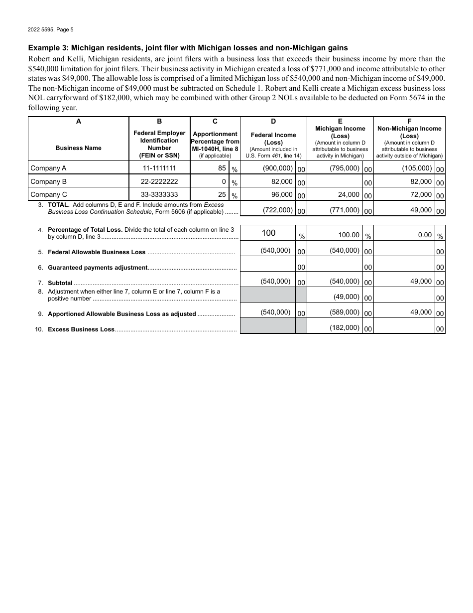 Form MI-461 (5595) Excess Business Loss - Michigan, Page 5
