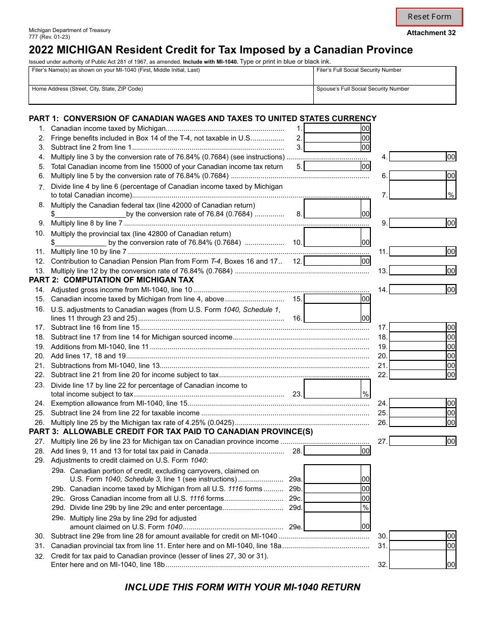 Form 777 Resident Credit for Tax Imposed by a Canadian Province - Michigan, Page 1