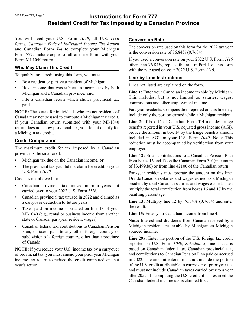 Form 777 Resident Credit for Tax Imposed by a Canadian Province - Michigan, Page 2
