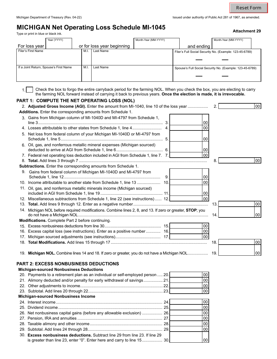 Form MI-1045 Net Operating Loss - Michigan, Page 1
