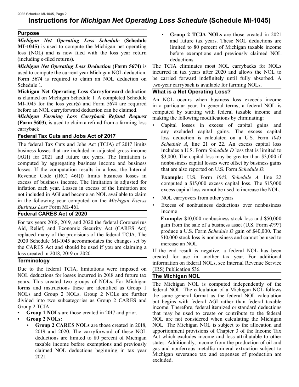 Form MI-1045 Net Operating Loss - Michigan, Page 2