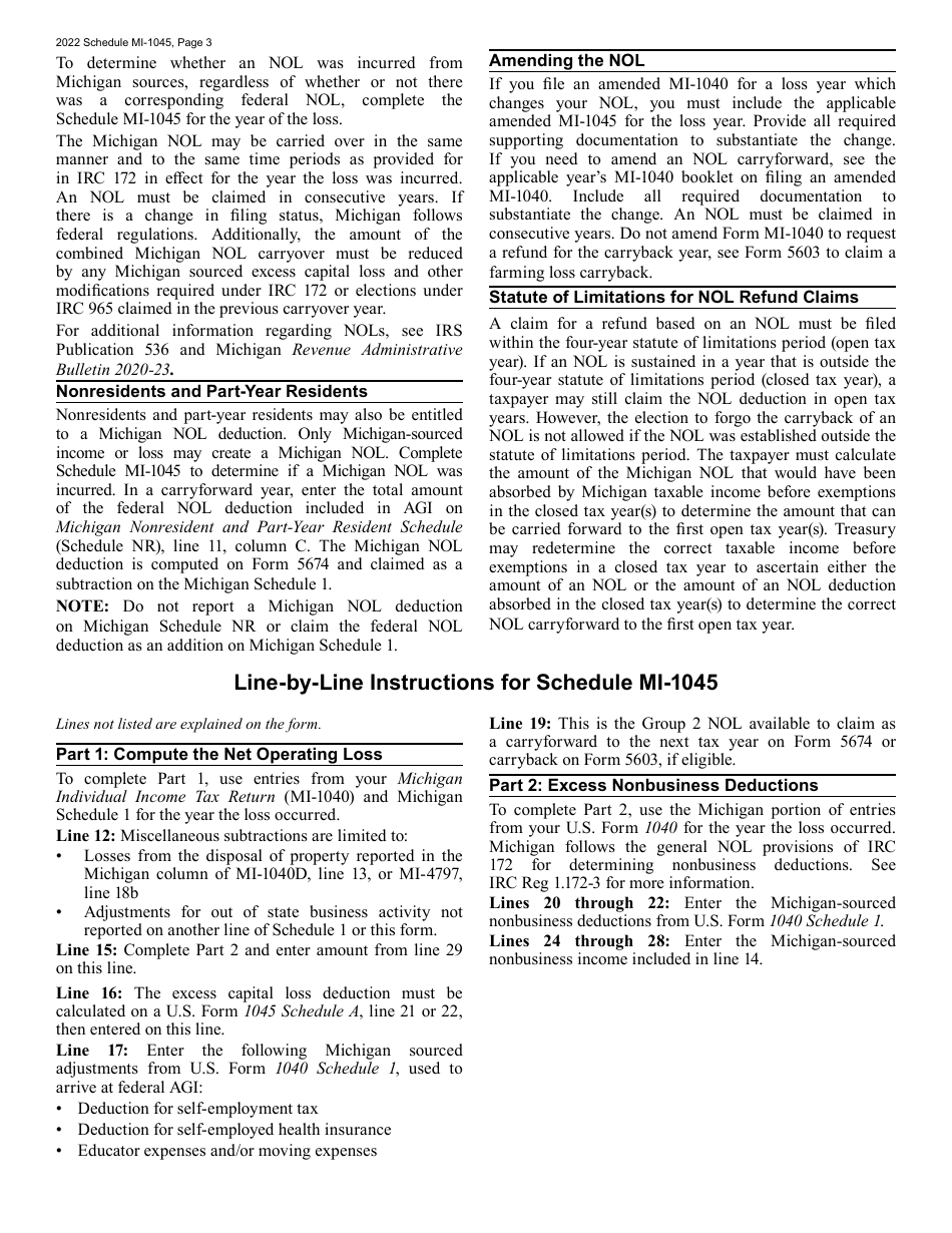 Form MI-1045 Net Operating Loss - Michigan, Page 3