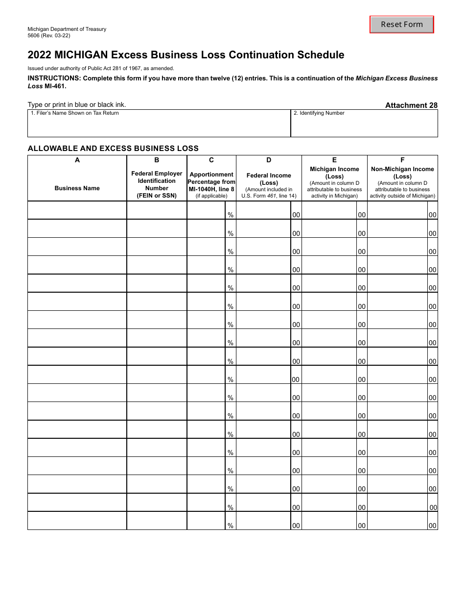 Form 5606 Michigan Excess Business Loss Continuation Schedule - Michigan, Page 1