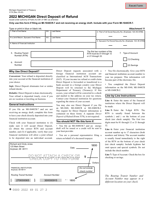 Form 3174 Direct Deposit of Refund - Michigan, 2022