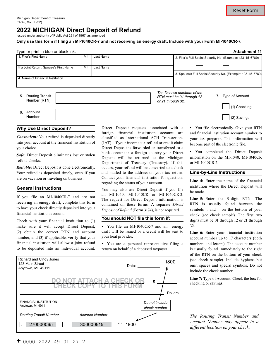 Form 3174 Direct Deposit of Refund - Michigan, Page 1