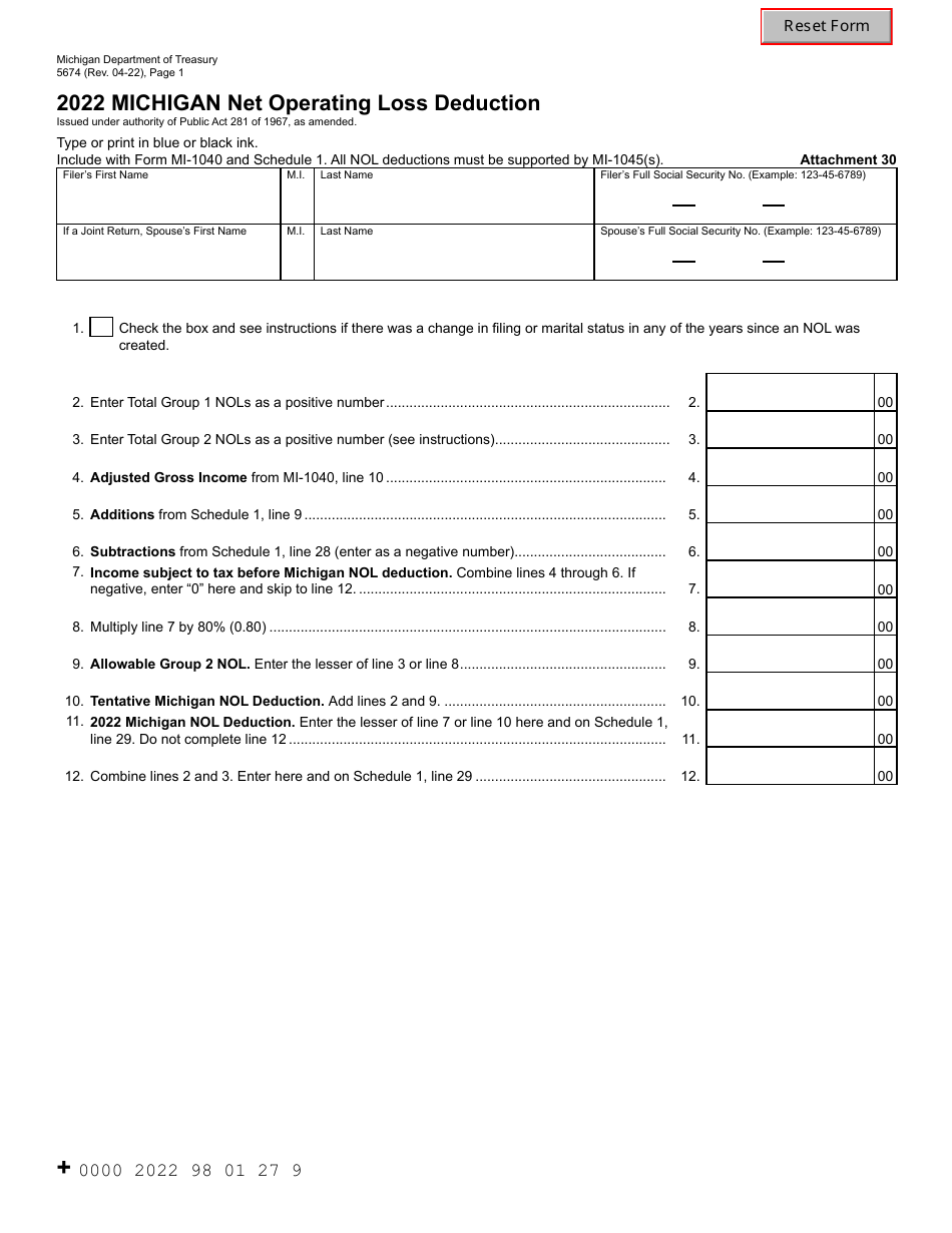 Form 5674 Net Operating Loss Deduction - Michigan, Page 1