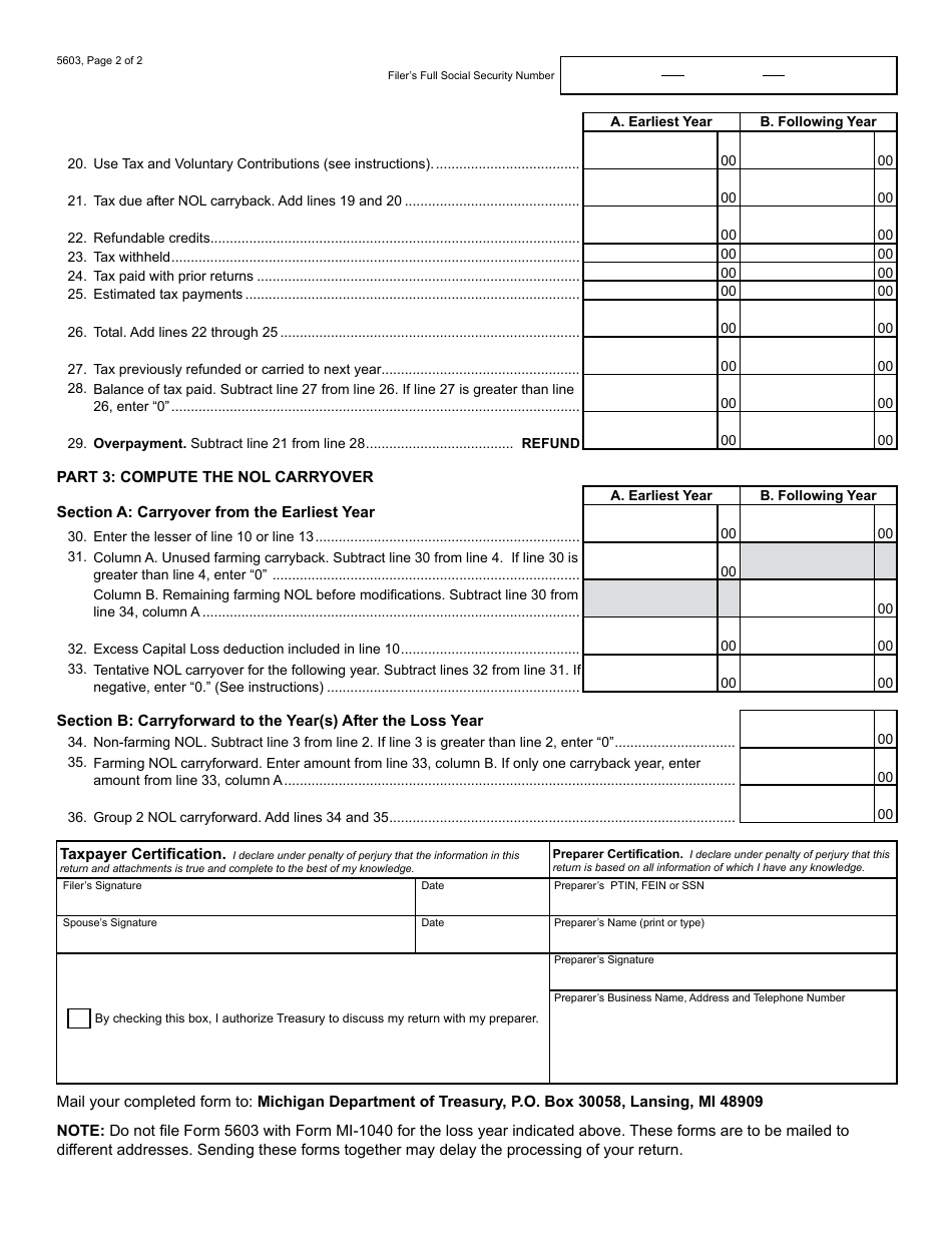 Form 5603 Michigan Farming Loss Carryback Refund Request - Michigan, Page 2